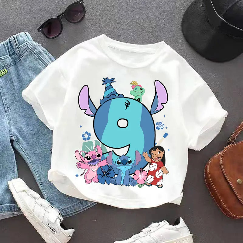 Lilo Stitch T-shirt for Kids Clothes Birthday Number 1-9 Print Children Clothing Cute Anime Tee Party Wear Cotton Baby Tops Gift