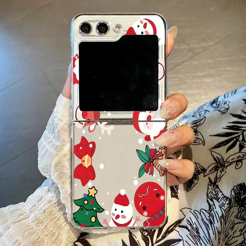 Christmas Tree Cartoon Print Clear Phone Case For Samsung Galaxy Z Flip 7 6 5 4 3 5G Folding Hard PC Cover For Samsung Z Flip5