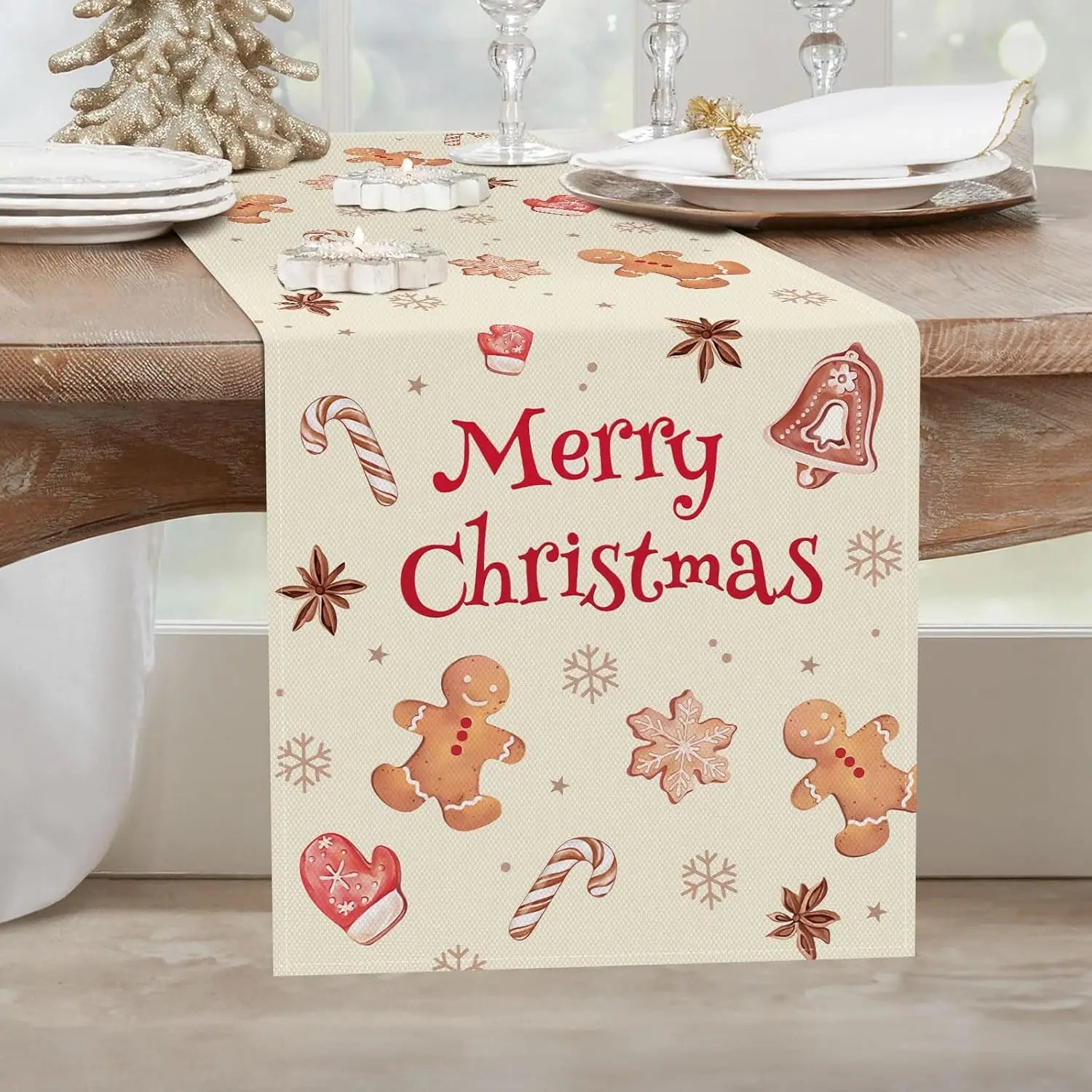 Christmas Gingerbread Xmas Cookie Linen Table Runners Seasonal Winter Holiday Party Dining Table Decor Navidad Decorations 2025