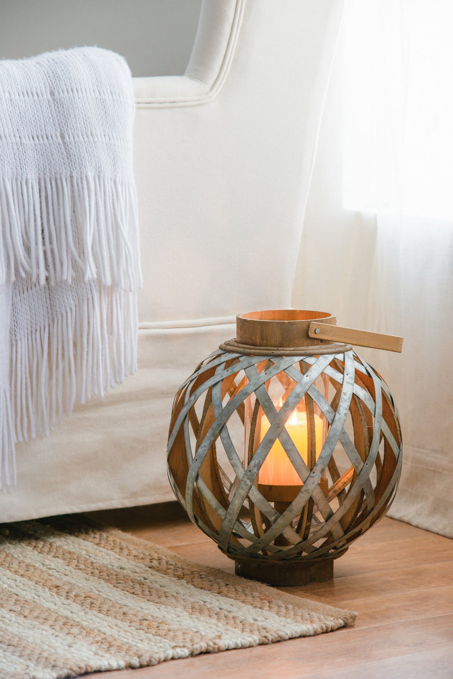 Silver Iron Cage Garden Lantern with Glass Votive Holder, 12.8 in