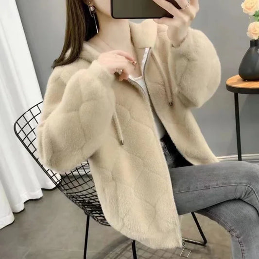 Women's Knitted Sweater Coat Zipper Cardigan Coat Urban Minimalist Mink Fur Coat Open Front Round Neck Long Sleeve Cardigan Top