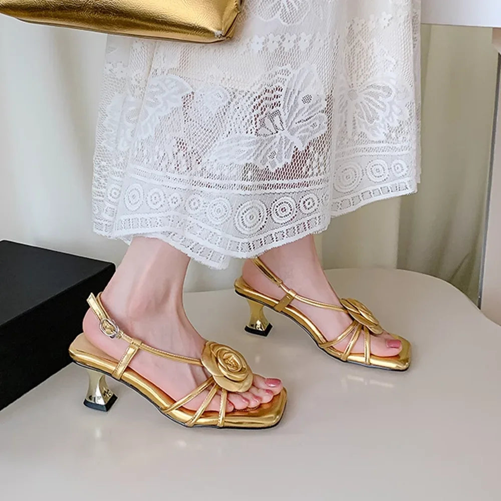 Camllia Decoration Cross Tied Sandals Sexy Square Toe Thin Heel Slingback Ankle Warp New Arrivals Fashion Womne Modern Shoes