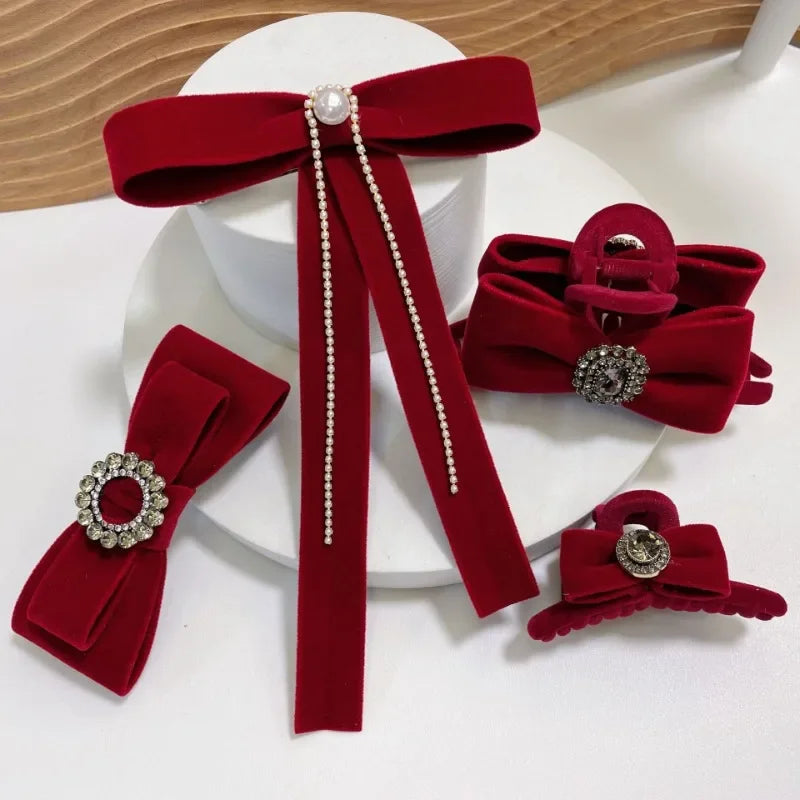 Red Velvet Bow Hair Claw Pearl Rhinestone Tassel Hair Clips for Women Temperament Headpiece Bride Wedding Party Hair Accessories