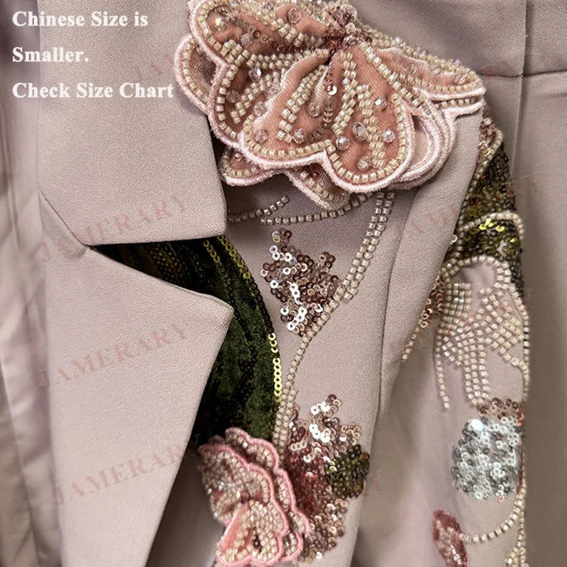 Autumn Luxury Two Piece Set Women Blazers Suit Coats Beaded 3D Flower Jacket Long Wide-Leg Pants Suits Crystal Formal Outfits
