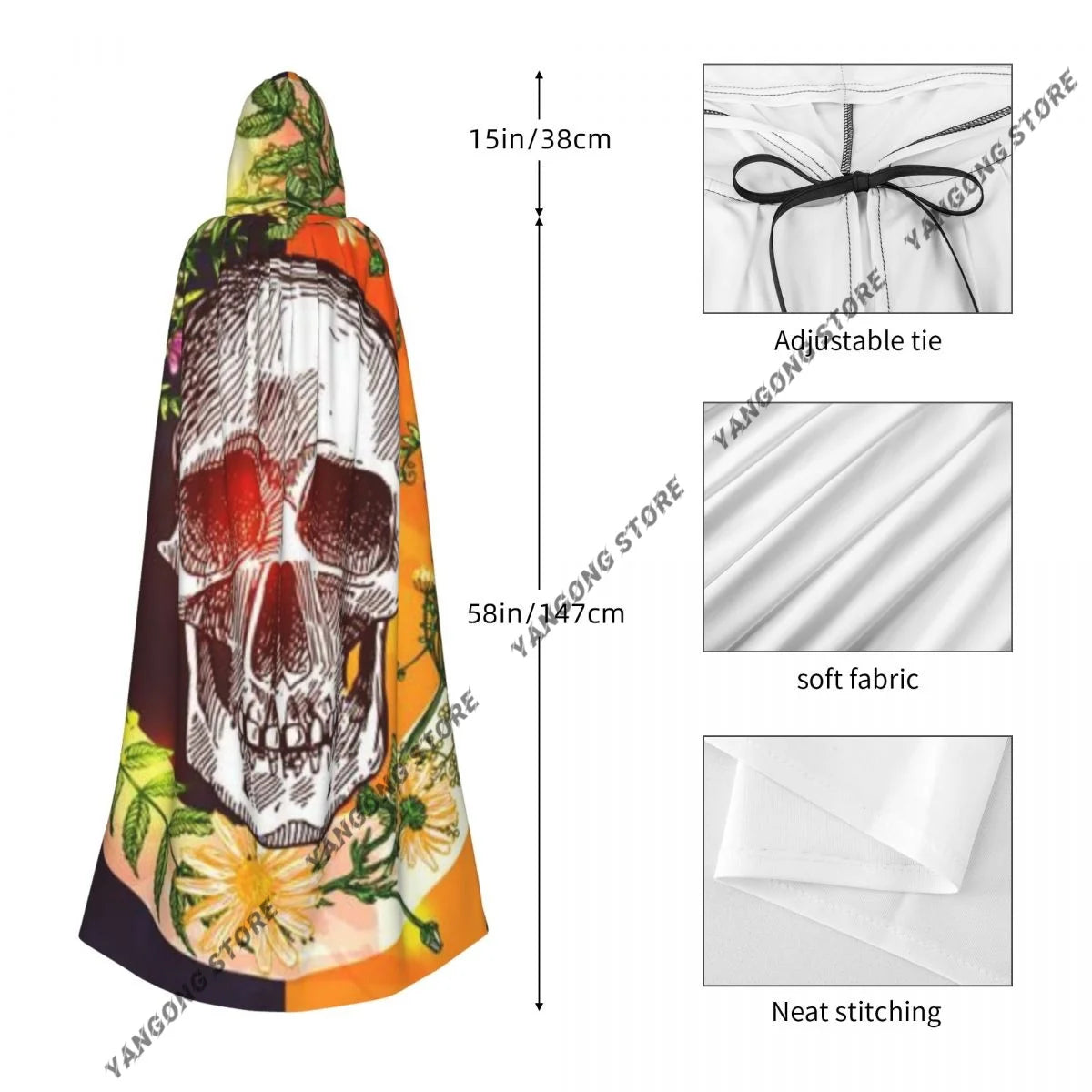 Boho Style Skull And Flowers Hooded Cloak Coat Halloween Cosplay Costume Vampire Devil Wizard Cape Gown Party