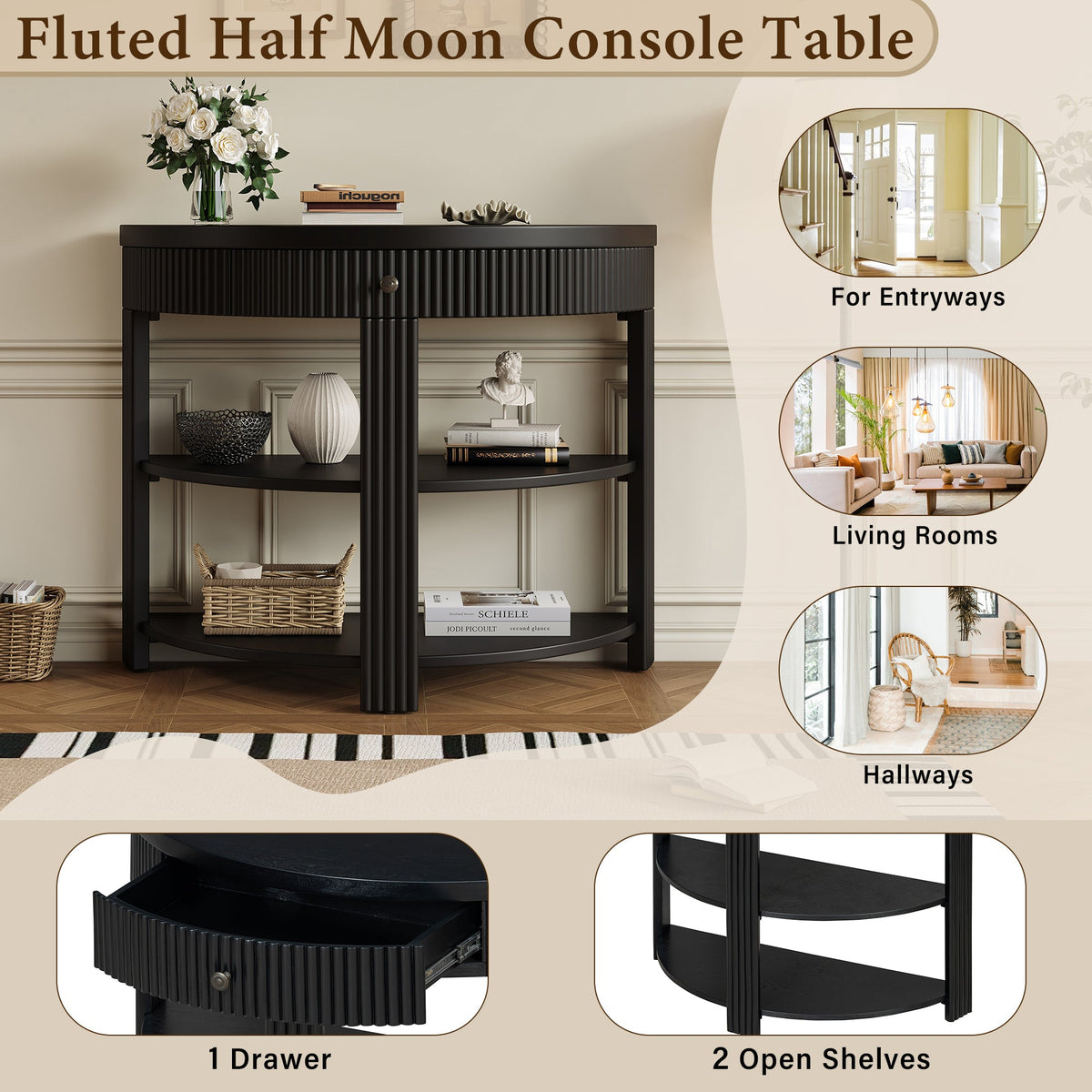 Fluted Half Moon Console Table with Drawer and 2 Shelves for Entryway,