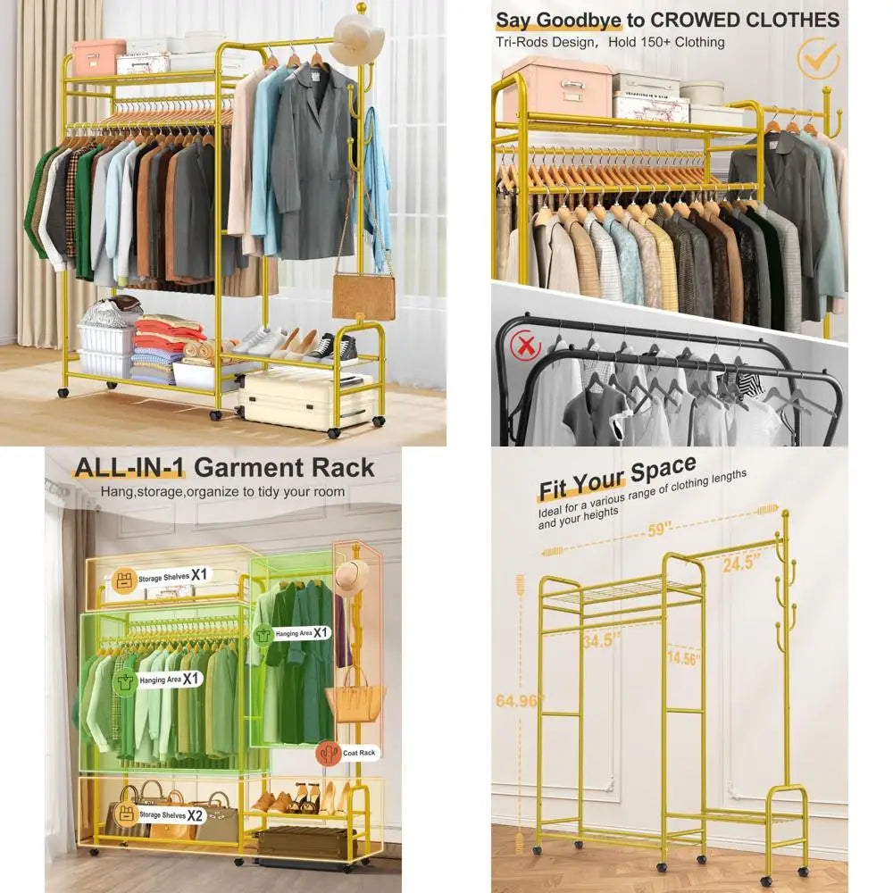 Heavy Duty 3-in-1 Portable Garment Rack with Coat Hooks and Shelves, Holds 620lbs