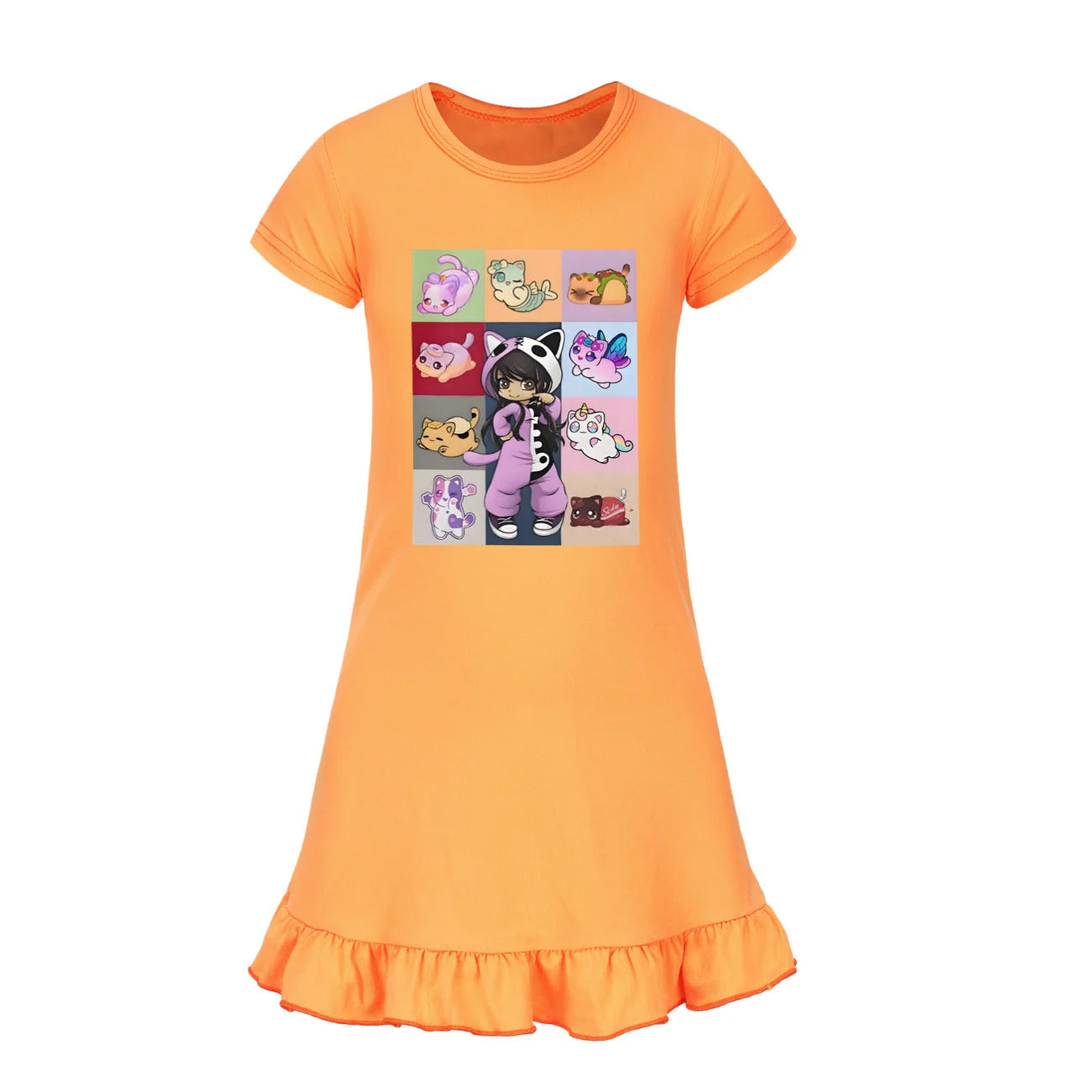 Kids Anime Aphmau Cat Summer Sleepdress Short Sleeve Baby Girls Casual Cartoon Nightgown Daily Wear Clothes for Children