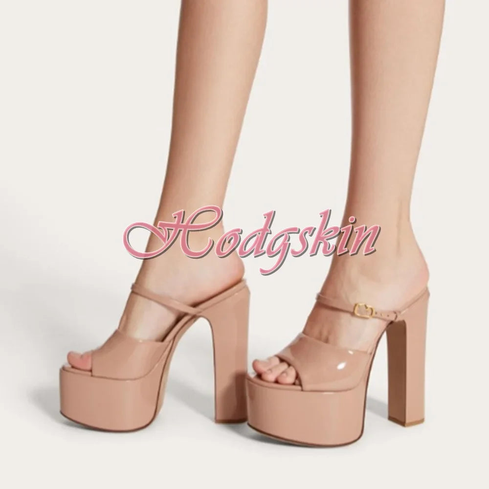 Thick Sole Shiny Leather Sandals Open Toe High Platform Chunky High Heels Solid Buckles Straps Sandals Women Dress Shoes Design