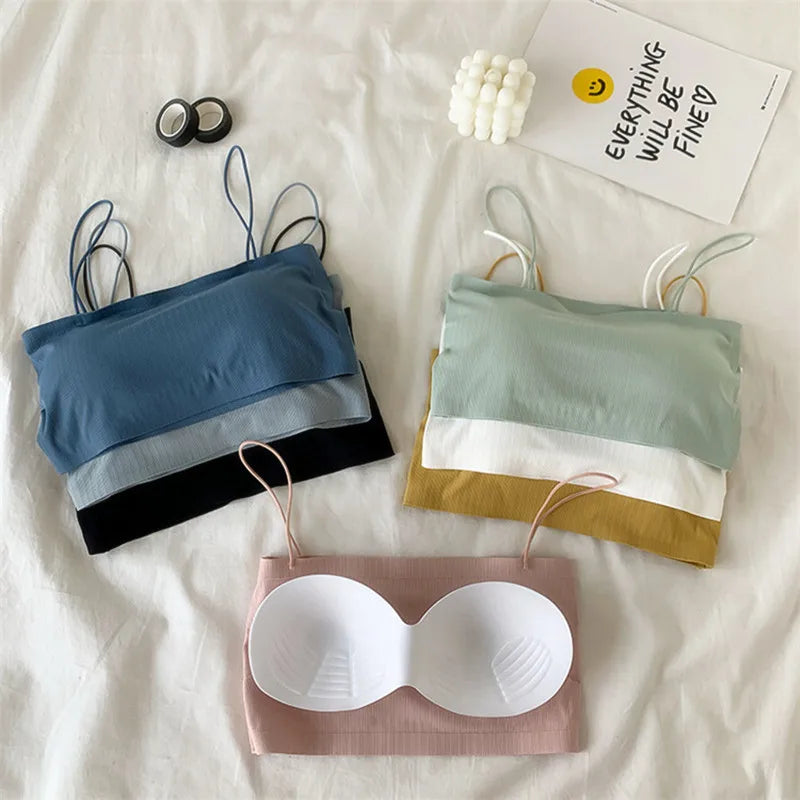 Tube Top Bras For Women Strapless Sexy Seamless Underwear Summer Crop Tops Sexy Lingerie Ice Silk Bandeau Bra Removable Pads