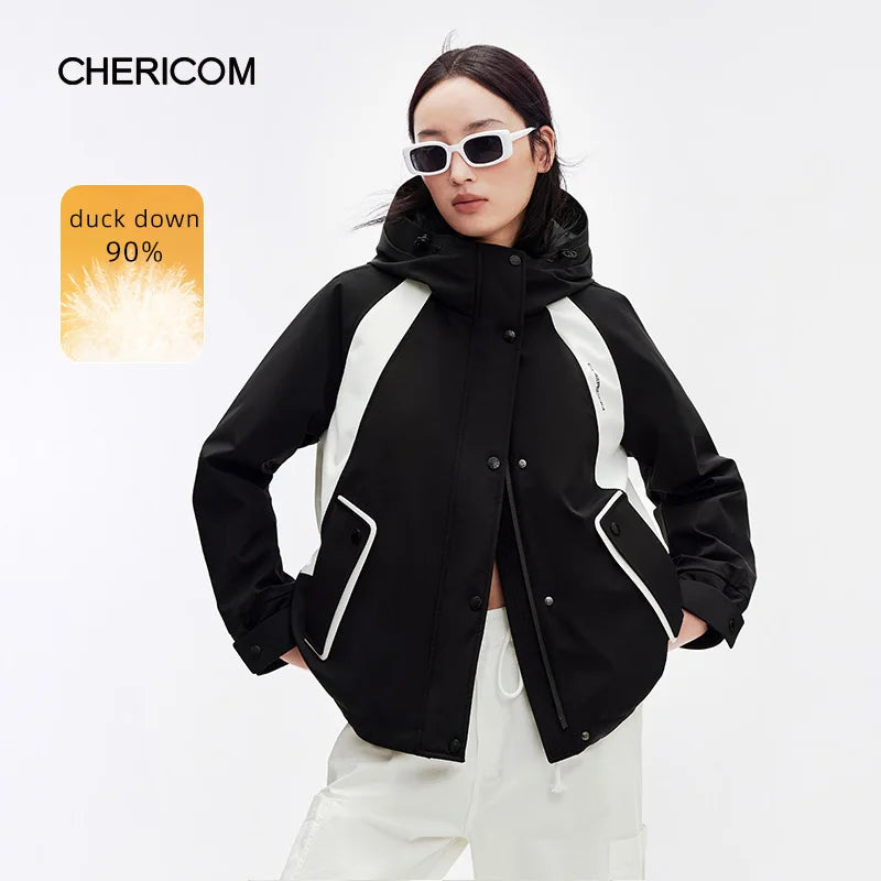 Chericom Women's Winter Hooded Down Jacket Short Warm Puffer Coat Duck Feather Insulated Outdoor Mountaineering Jacket Y309025Y