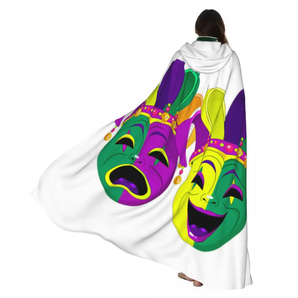 Mardi Gras Comedy And Tragedy Masks Cloak Hooded Cosplay Costume Halloween Adult Long Party Cape
