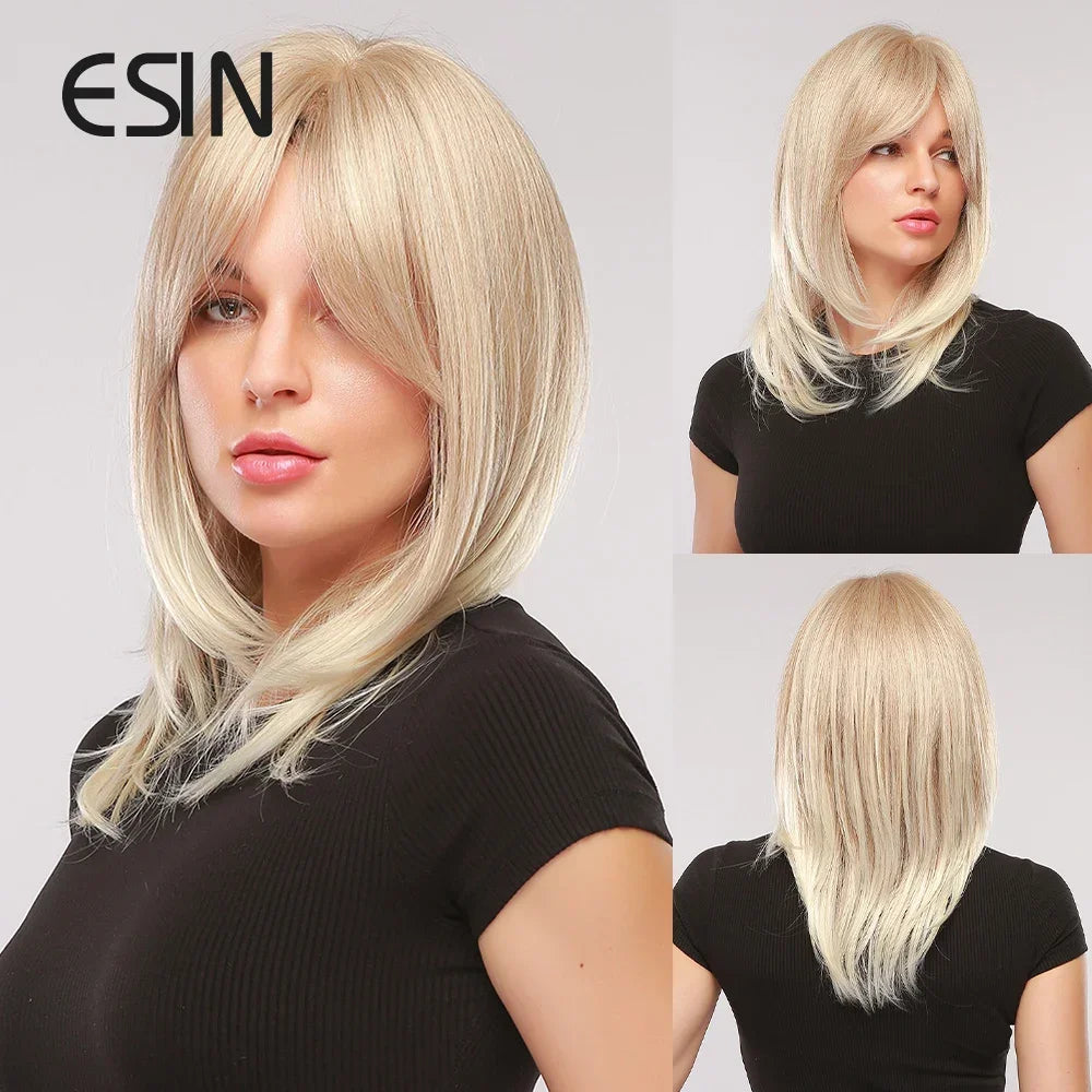ESIN Synthetic Dark Brown Wig Long Wave Wigs for Women Hair Wig With Bangs Heat Resistant Party Daily Natural Use