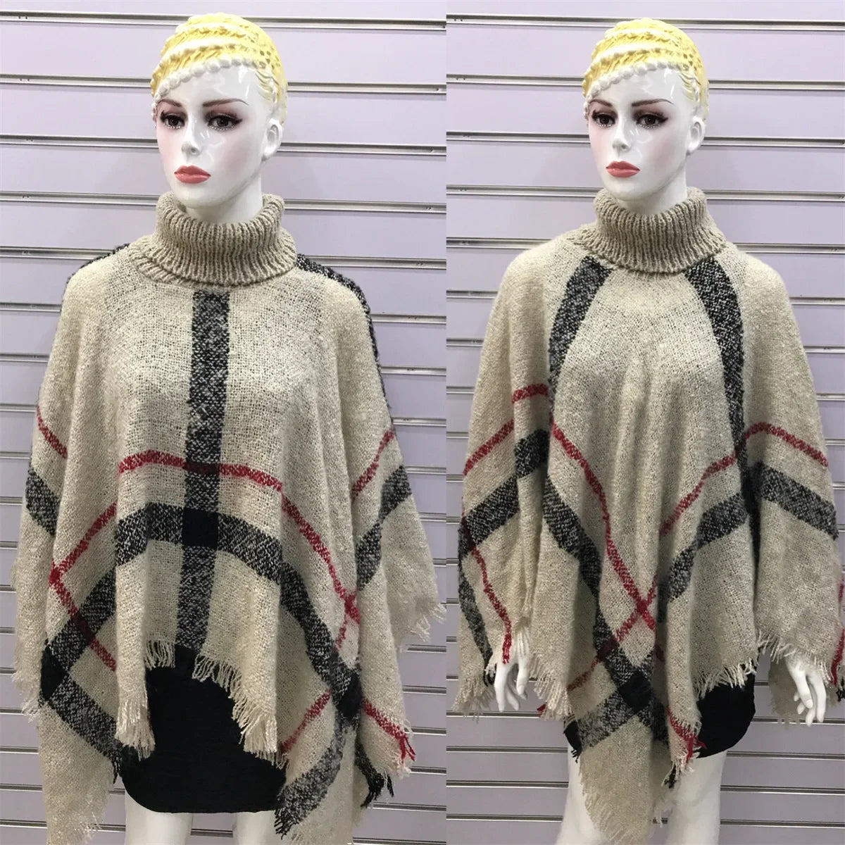 New Women Autumn Winter Striped Knitted Poncho Shawl Sweater Overcoat Streetwear Thick Warm High Neck Loose Knitwear Long Coat