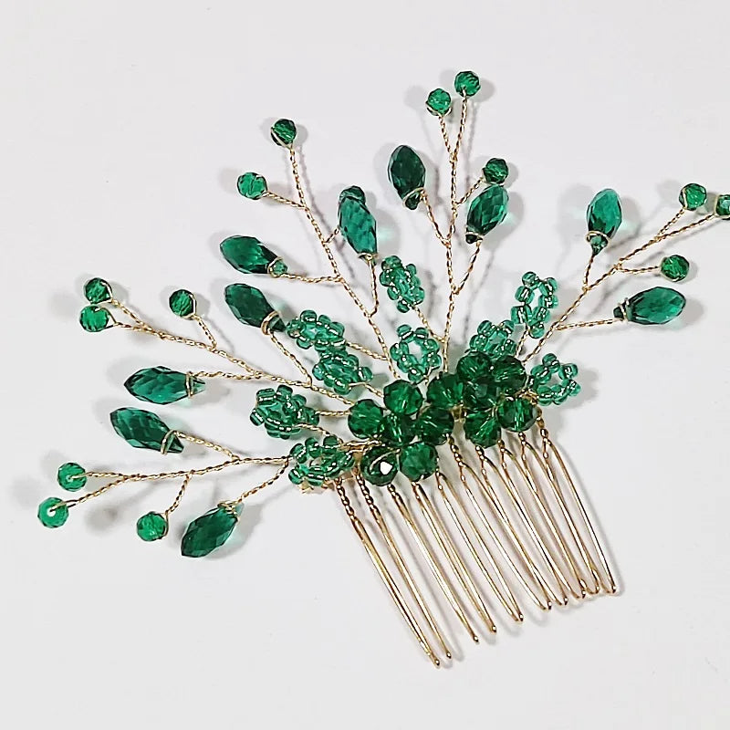 Green Color Rhinestone Hair Combs Bridal Hair Jewelry Leaf Hairpins Pearls Hairpins Bride Wedding Headdress Headband