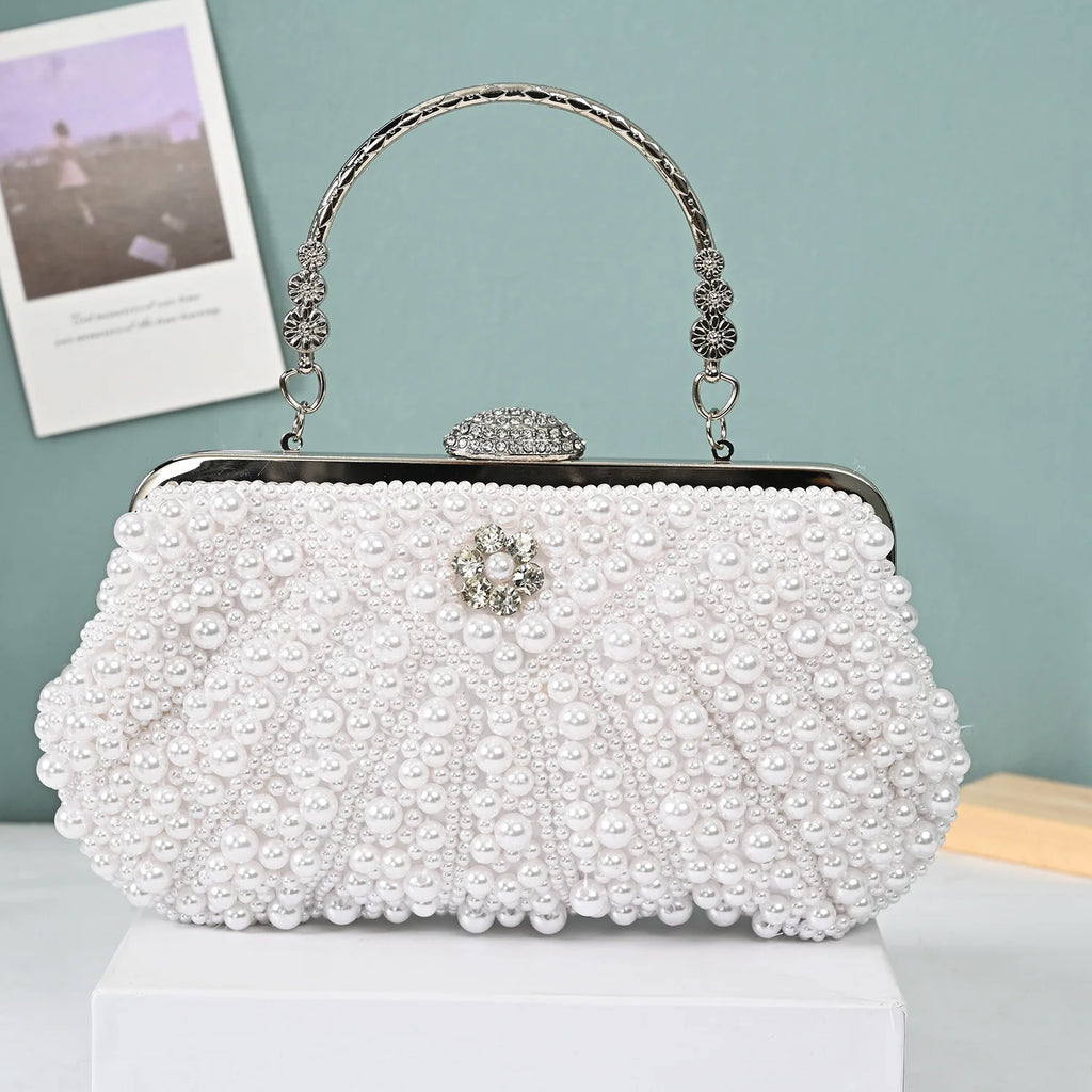 2023 New Shell Pearl Rhinestone Dinner Bride Dress Shoulder Bag Small Banquet Bag Cocktail Party Handbag Evening Clutch Purse