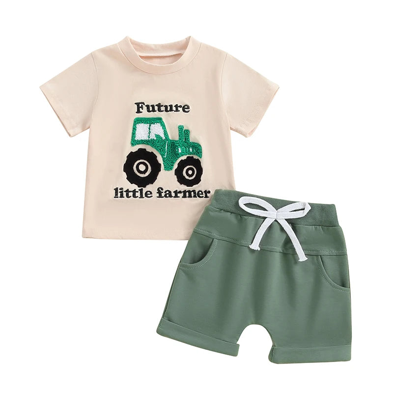 Toddler Boys 2-Piece Outfit Cute Bear Print Tee with Matching Elastic Waist Shorts for Summer Playtime