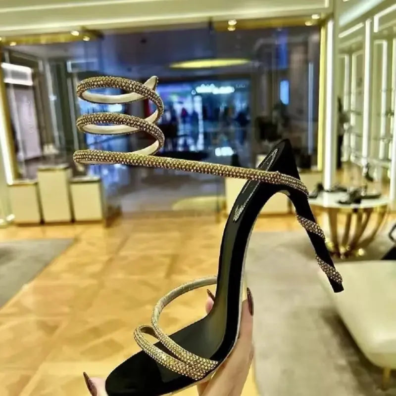 2025 New Luxury Women's Sandals Sexy Gold Rhinestone Snake Surrounding Crystal Contrast High Heels Banquet Wedding Shoes