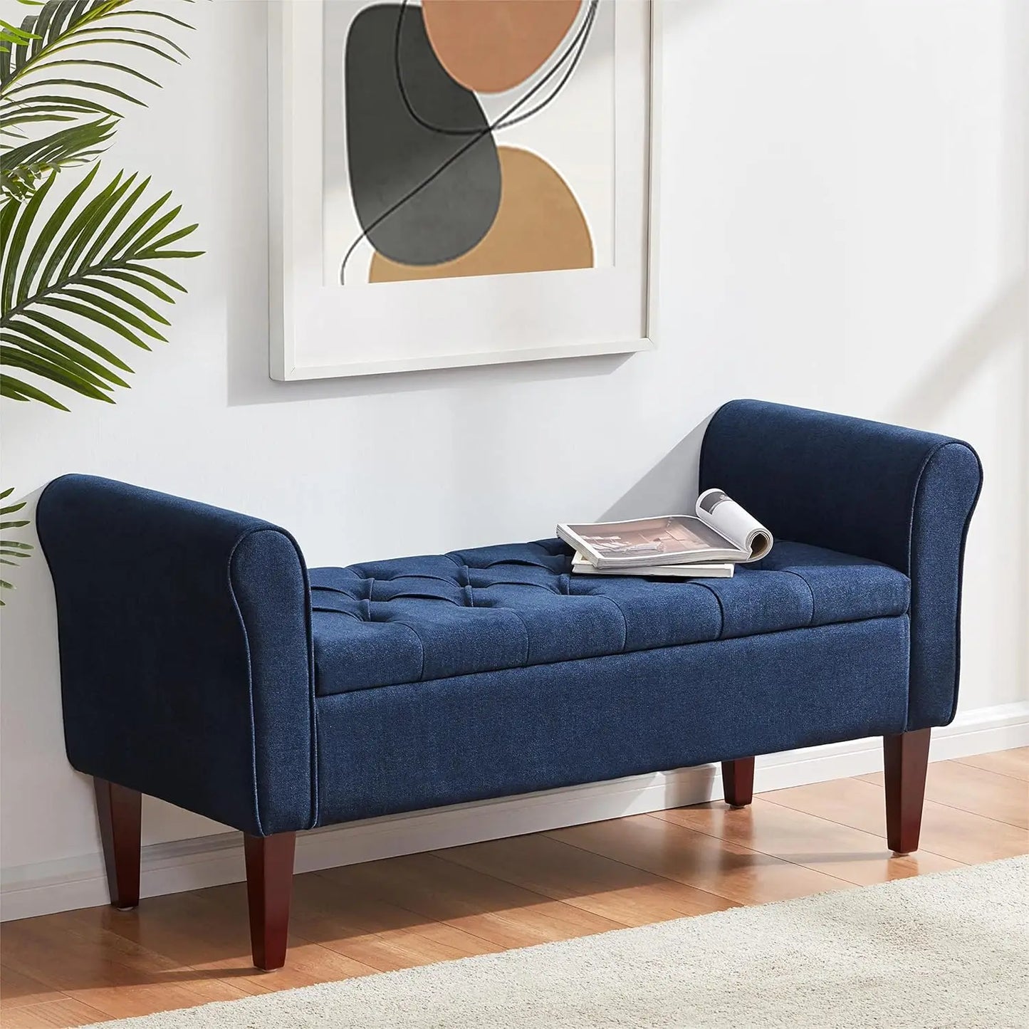 50.4" Arm Storage Bench with 7.5-inch Solid Wood Legs, Button-Tufted Storage Ottoman, Upholstered Window