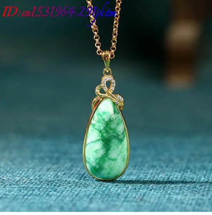 Natural Jade Water Drop Pendant Necklace Stone Carved Gemstone Real Jewelry Vintage Charm 18K Gold Plated Gifts for Women