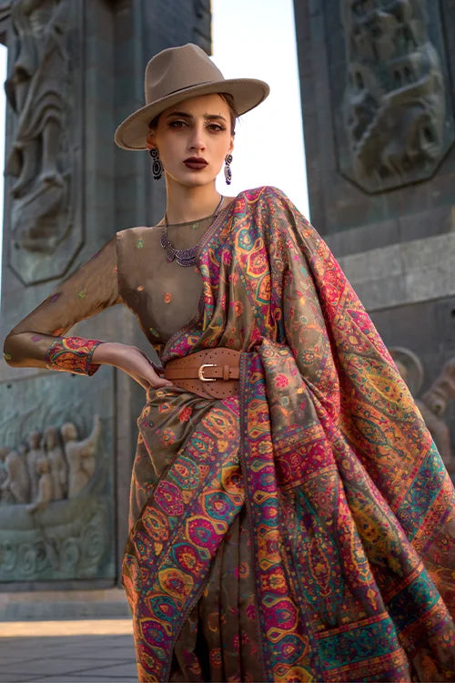 Kashmiri Pashmina Organza Digital Printed Silk Saree At Clothsvilla