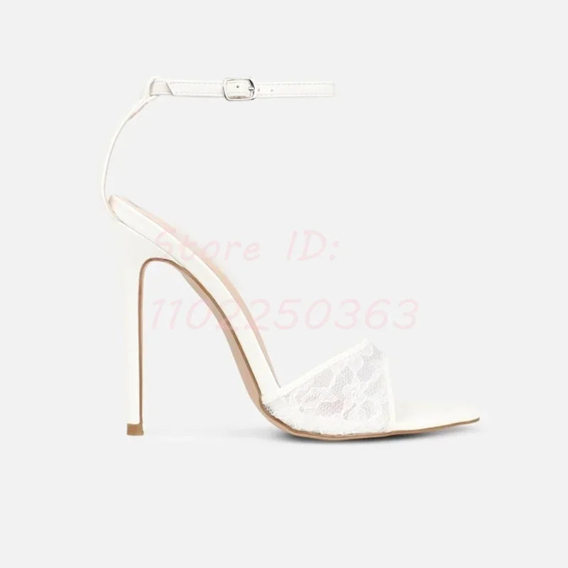 Sexy White Lace Thin High Heels Sandals Pointed Toe Back Ankle Buckle Straps Stilettos Solid 2024 Women Elegant Dress Shoes