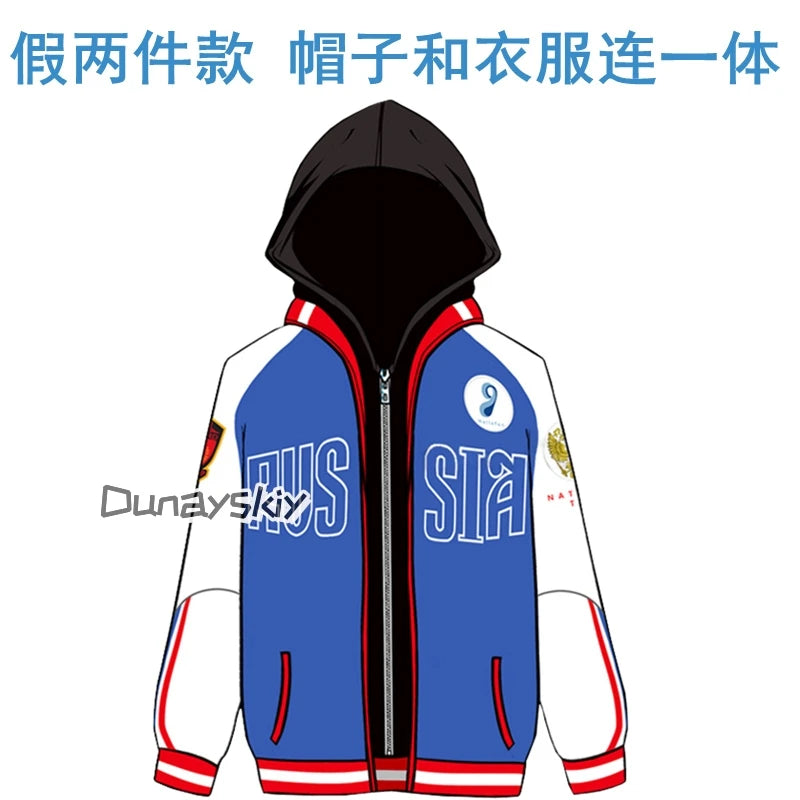 Anime Yuri Plisetsky Victor Nikiforov Cosplay 코스프레 Red Blue Coat Jacket Pants Anime Unisex Halloween Sportswear for Women Men