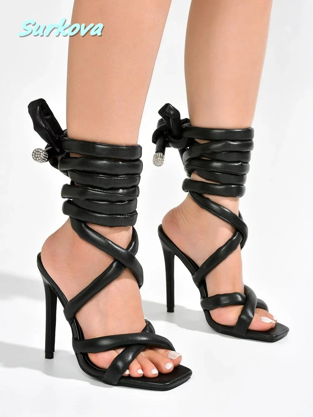 Ankle Wrap Sandals Square Open Toe Thin High Heels Summer Fashion Solid Strappy Stilettos Street Style Party Dress Women's Shoes