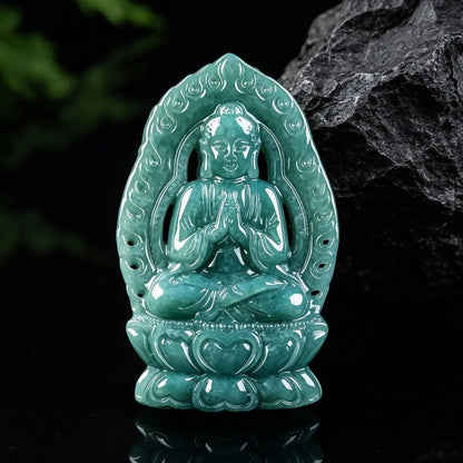 Natural A Grade Burmese Blue Water Jadeite Pendant Hand Carved Sakyamuni Buddha Amulet Jade Buddha Necklace Charm Jewelry Gift