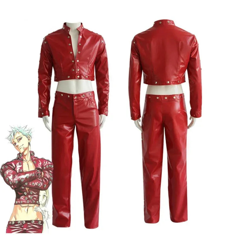 Lyou 2025 Anime Seven Deadly Sins: Wrath of The Gods Ban Cosplay Costume Red PU Coat Pants Wig Adult Man Woman Halloween Ca★★★kk