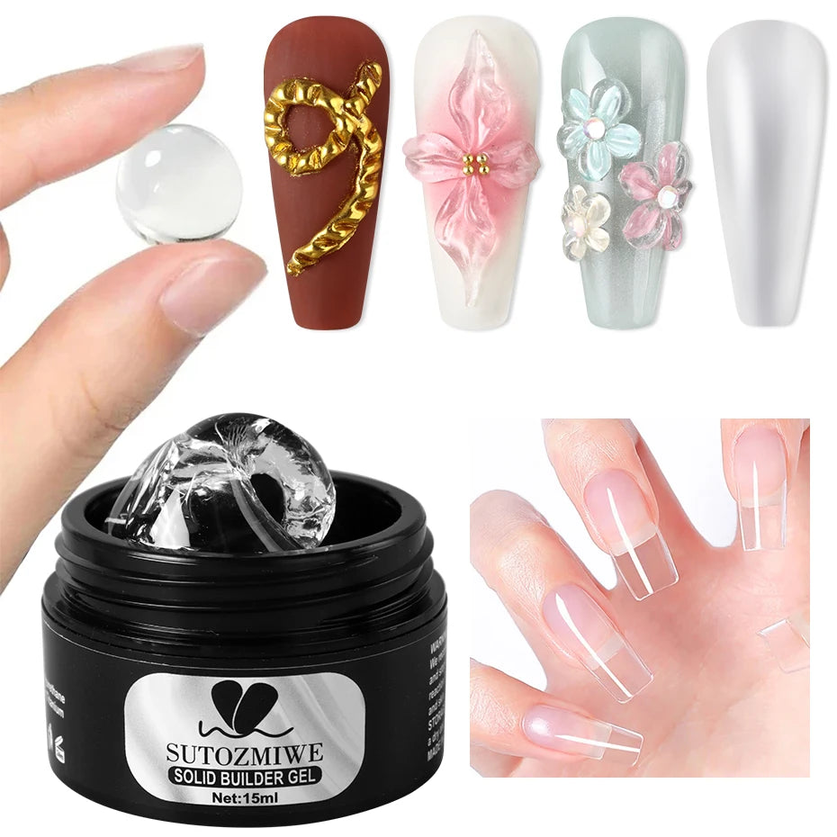 15ml Clear/White Solid Nail Extension Gel Quick Building UV Gel Builder Molding Nail Gel Polish 3D Sculpting Brush Manicure Kit