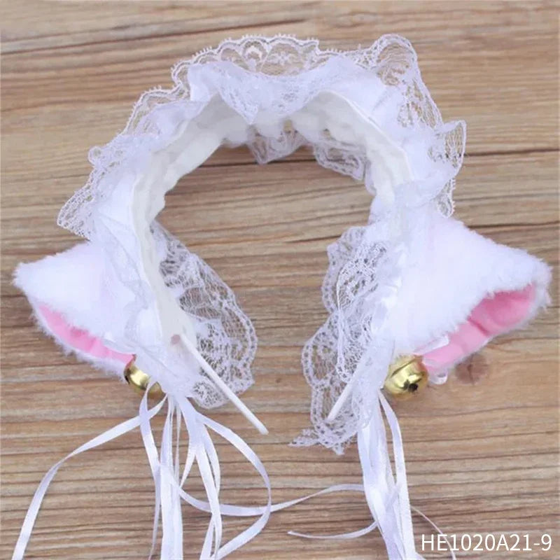 Womens Halloween Maid Lace Cat Ear Headband Hair Accessories Cat Ear Headband Long Tassel Japanese Animation Cosplay Accessories