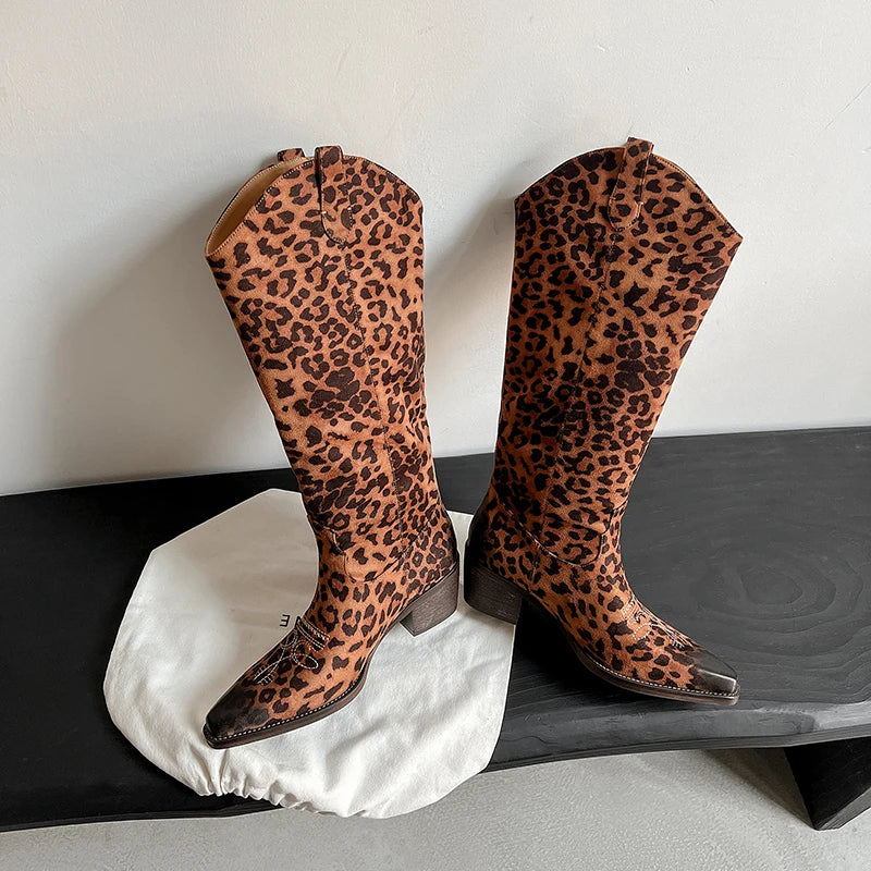 2025 New Retro Knee-Length Women Boots Leopard Print Modern High Heels Fashionable Party Shoes