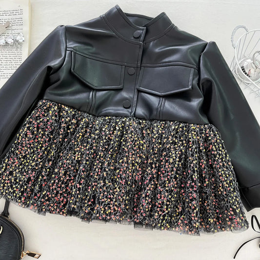 Spring and Autumn Girls Leather Jacket 2025 New Mesh Splicing Top Korean Baby Girls Temperament PU Jacket