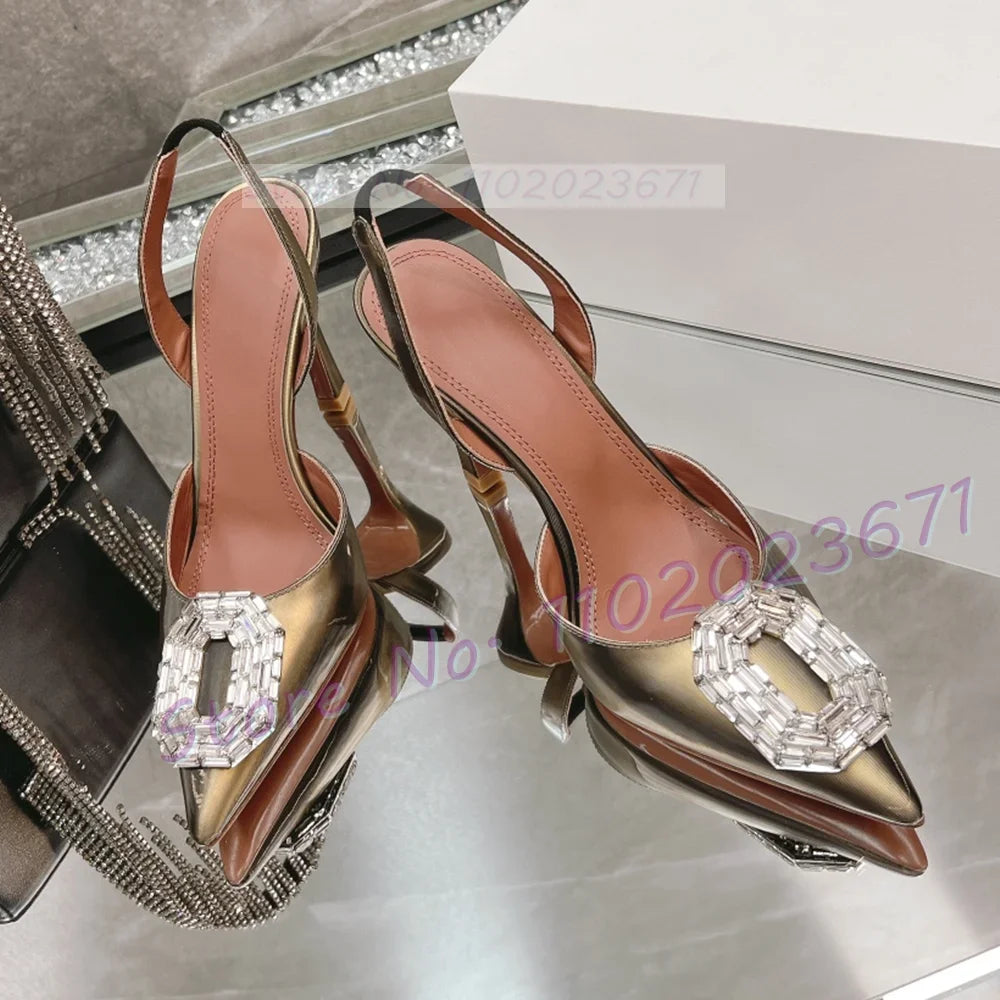 Ombre Color Pointy Back Strap Sandals Women New Elegant Crystal Buckle Dark Gold Dress Shoes Ladies Summer Party Sexy Sandals
