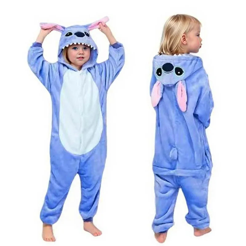 Stitch Jumpsuit Pajamas Set Kids Cartoon Cute Flannel Hooded Sleepwear Shoes Winter Warm Costume Boy Girl Pyjamas Christmas Gift