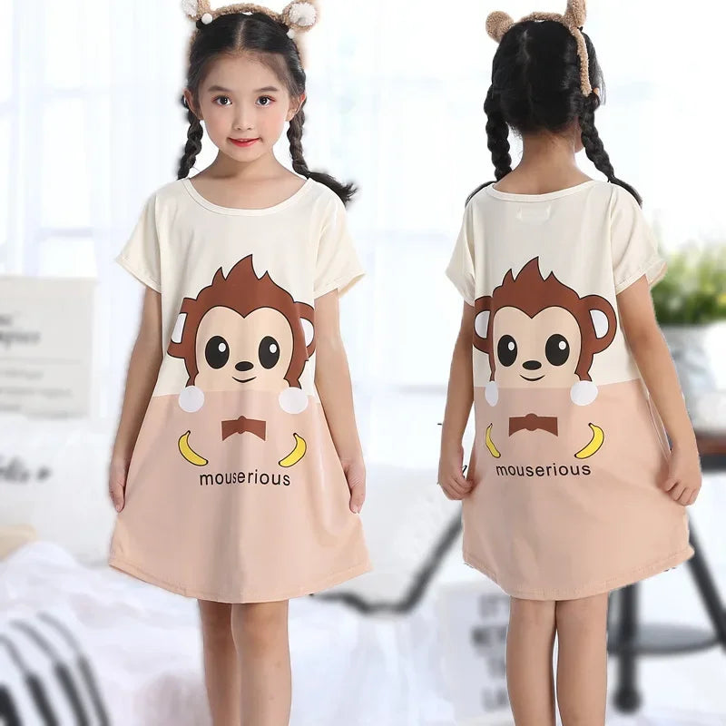3-10Yrs Girls Dress Summer Kids Girls Cartoon Pajamas Teenager Night Dresses Baby Nightdress Children Clothes