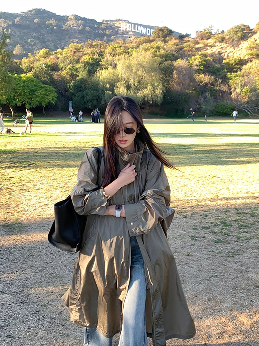 Lautaro Spring Autumn Long Waterproof Windproof Oversized Coat Women Stand Collar Zip Up Loose Casual Luxury Designer Clothes