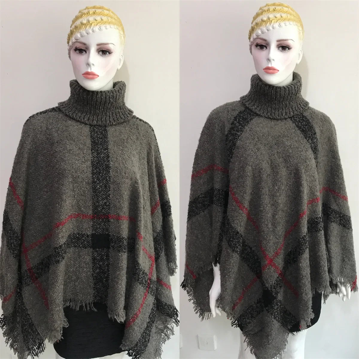 New Women Autumn Winter Striped Knitted Poncho Shawl Sweater Overcoat Streetwear Thick Warm High Neck Loose Knitwear Long Coat
