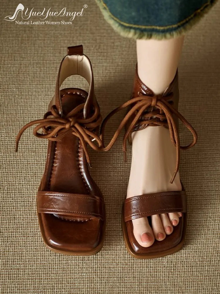 Fashion Ladies Elegant Mid Heel Open Toe Genuine Leather Women Summer Retro French Style Leisure Thick Lace Up Sandals Shoes