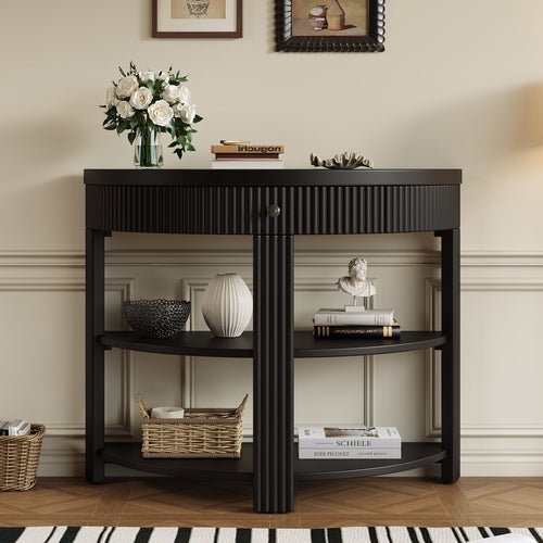 Fluted Half Moon Console Table with Drawer and 2 Shelves for Entryway,