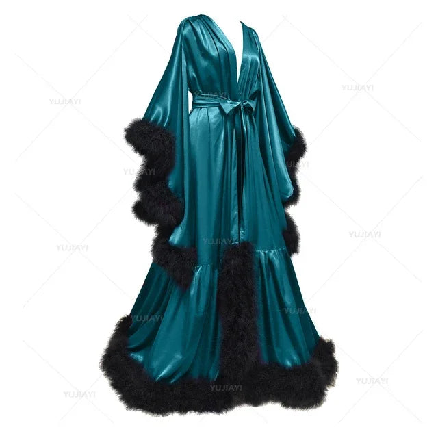 Customized Bathrobe for Women Flare Sleeves Feather Bridal Robe Nightgown Silk Long Wedding Scarf Dress Gown Photography Dress