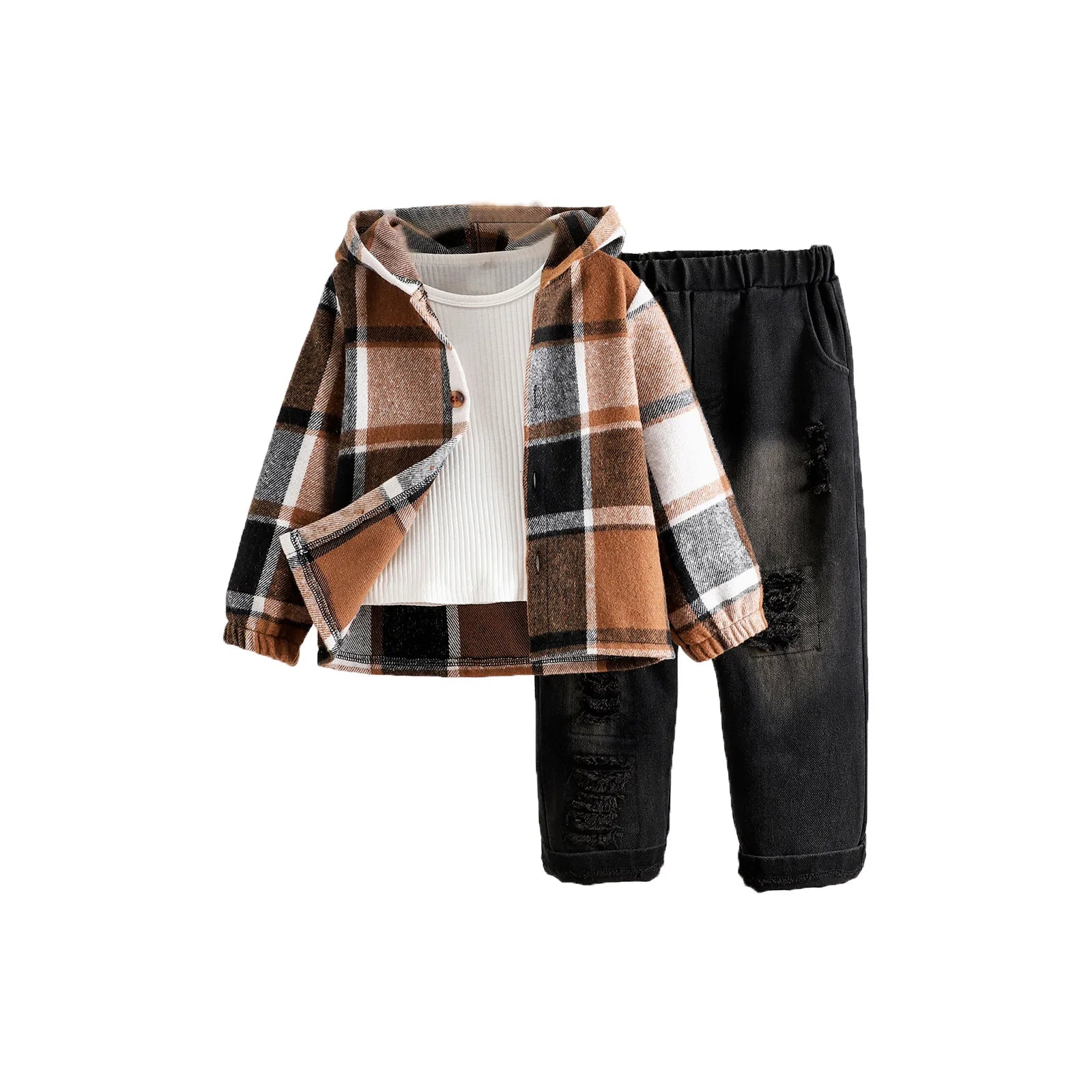 European And American Style Boys' Hooded Checkered Long Sleeved Warm Jacket+Ripped Jeans Two-piece Set