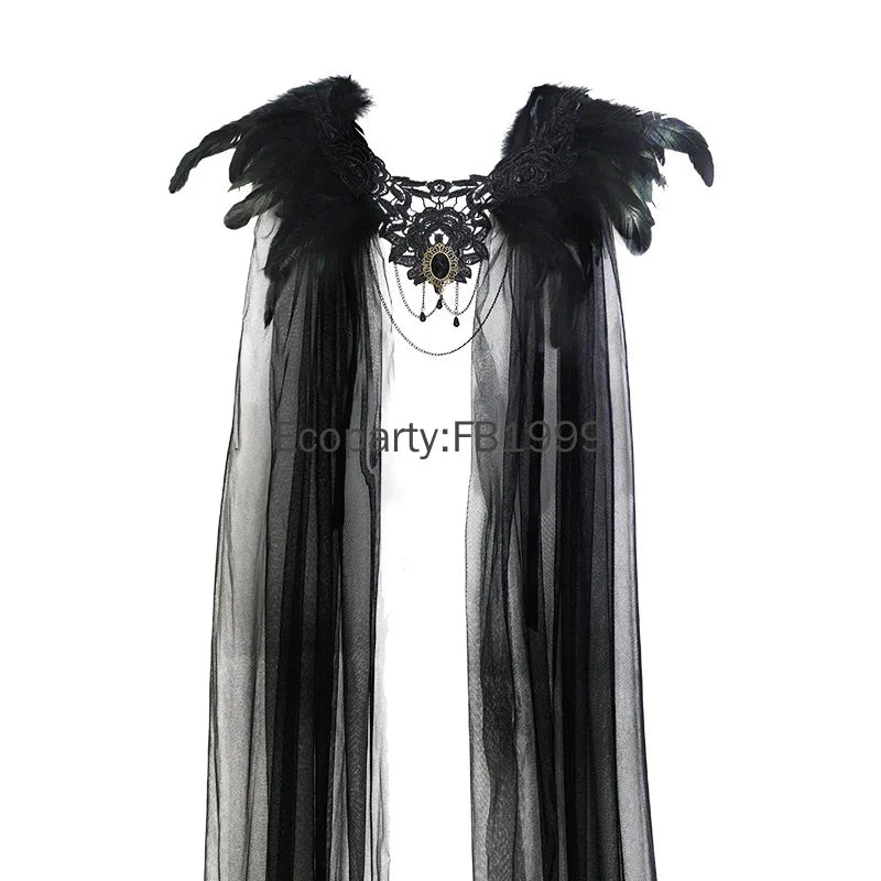 New Halloween Medieval Queen Feather Yarn Cloak for Women Black Tulle Gothic Vampire Bride Cosplay Mesh Shoulder Veil Cape