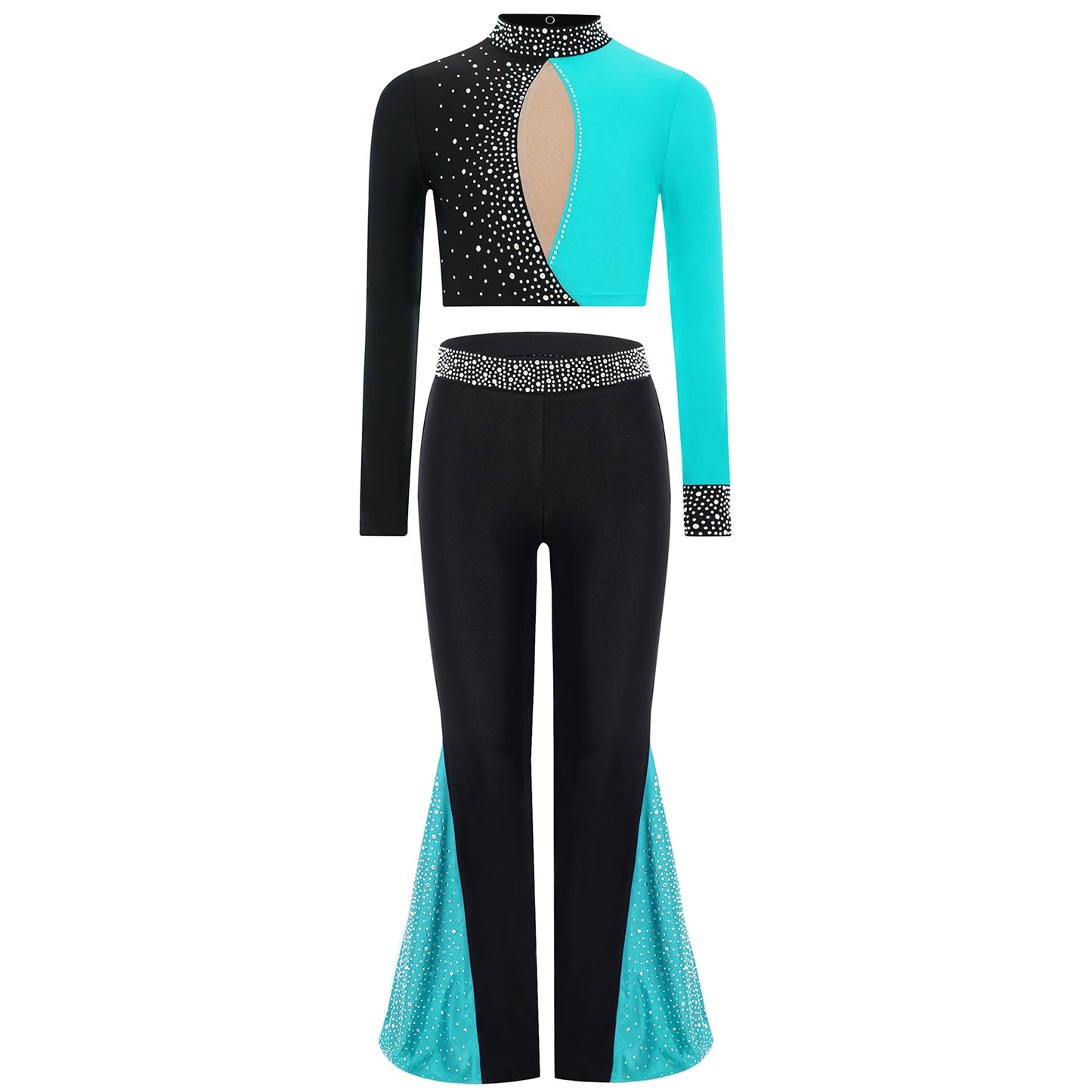 Kids Girls Lyrical Jazz Dance Costume Figure Skating Gymnastics Dancewear Long Sleeve Color Block Crop Top+Bell-Bottomed Pants