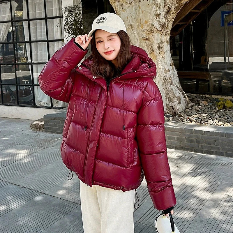 2025New Winter Jacket Women Parka Fashion Hooded Thick Warm Glossy Down Cotton Coat Parkas Female Casual Outwear Overcoat Ladies