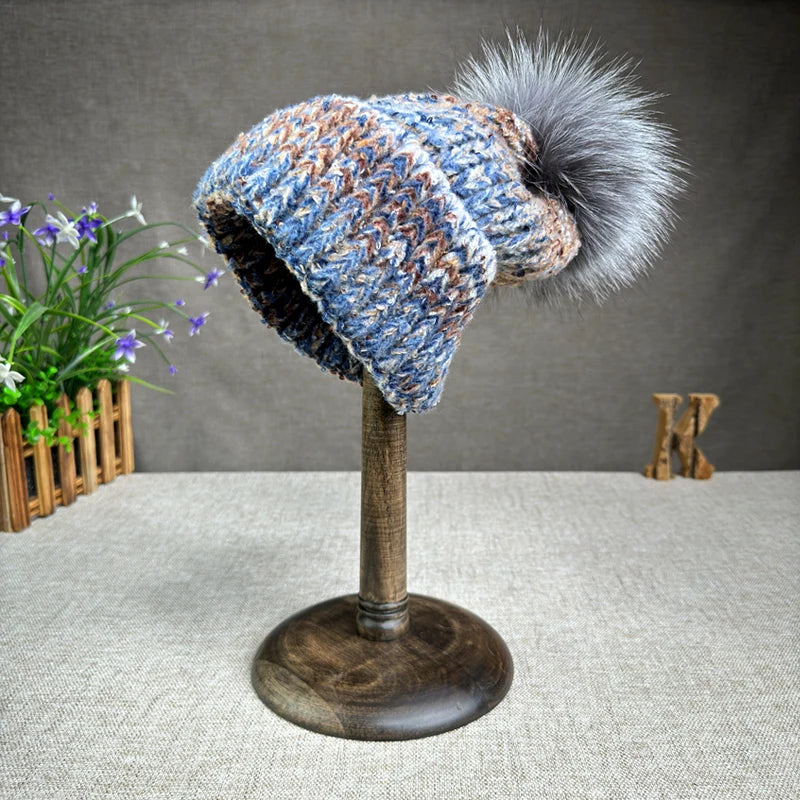 Autumn and winter colorful wool blend women's warm real fox fur ball hat European and American travel Christmas fashion