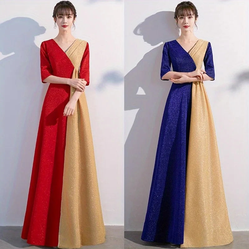 Cantata Evening Dress V-neck Folded A-line Half Sleeve Zipper Rear Bottom Long Women's Formal Party Dress