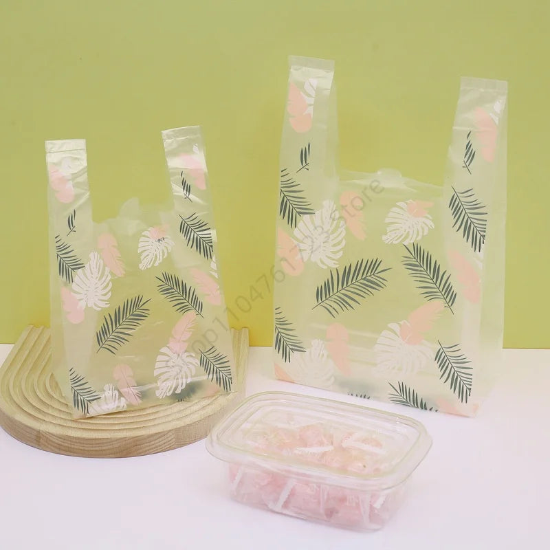 50Pcs Thickened Hand-held Plastic Bags Fashion Feather Pattern Vest Bag Supermarket Store Shopping Bag Wedding Party Candy Bags