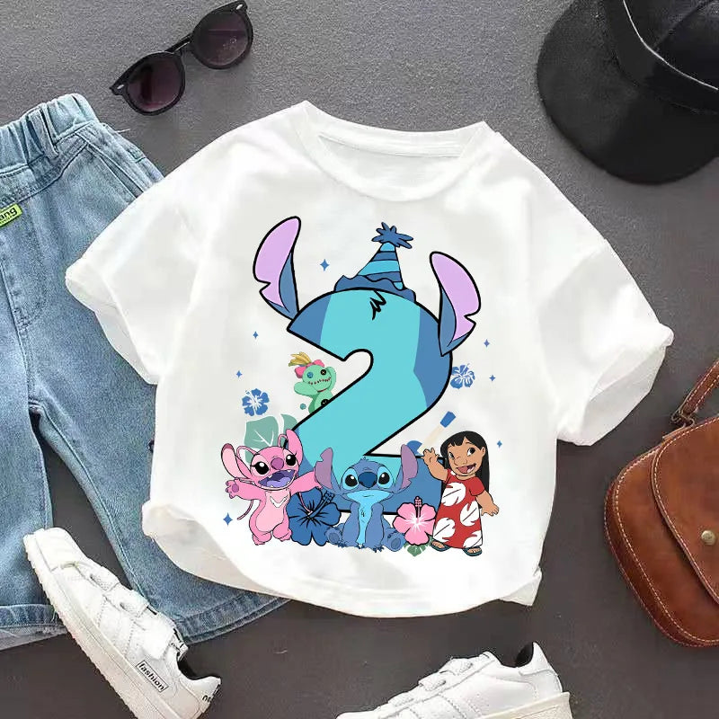 Lilo Stitch T-shirt for Kids Clothes Birthday Number 1-9 Print Children Clothing Cute Anime Tee Party Wear Cotton Baby Tops Gift